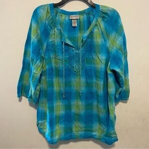 Catherines Women’s Plaid Blouse Size 1X Metallic Shimmer Beachy Tie Front